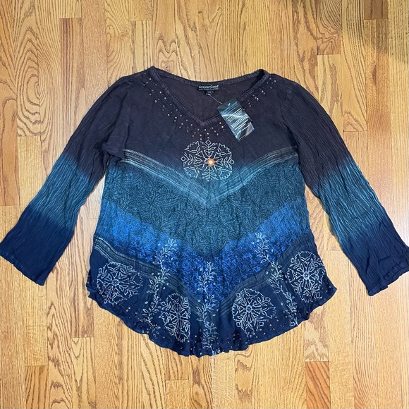 Greater Good ~ Earth & Sky Ombré Embroidered, Sequined, Beaded Boho Top - Picture 5 of 14